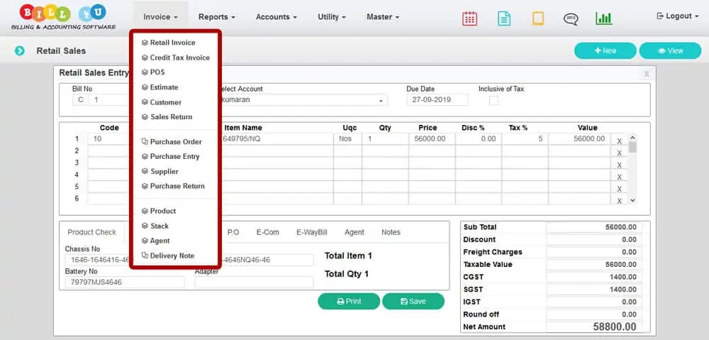 Invoice Menu
